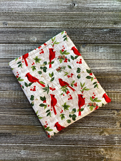Limited Edition Cardinals on Music & Holly Padded Book Sleeve | Book Pocket | Protective Book Bag | Book Pouch | Bookish Nerd Gift