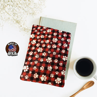 Black Red Pawprints Buffalo Check Padded Book Sleeve | BookGoodies | Book Pocket | Protective Book Bag | Book Pouch | Bookish Nerd Gift