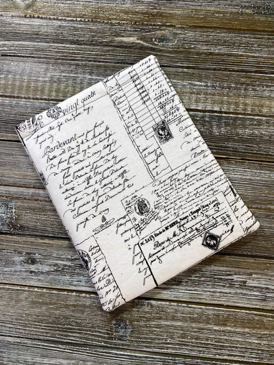 Black & White Vintage Correspondence Calligraphy Fleece Padded Book Sleeve Bookish Nerd Gift  | Book Pocket | Book Pouch Kindle Accessory